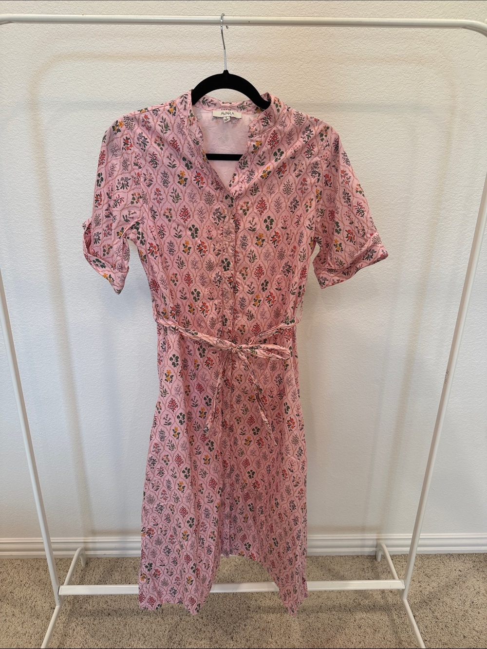 Pink Floral Button-Front Midi Dress with Tie Waist - Picture 1 of 5